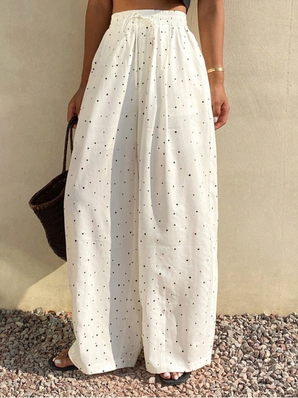 FAVLUX White wide sheer pants with Black Polka Dots
